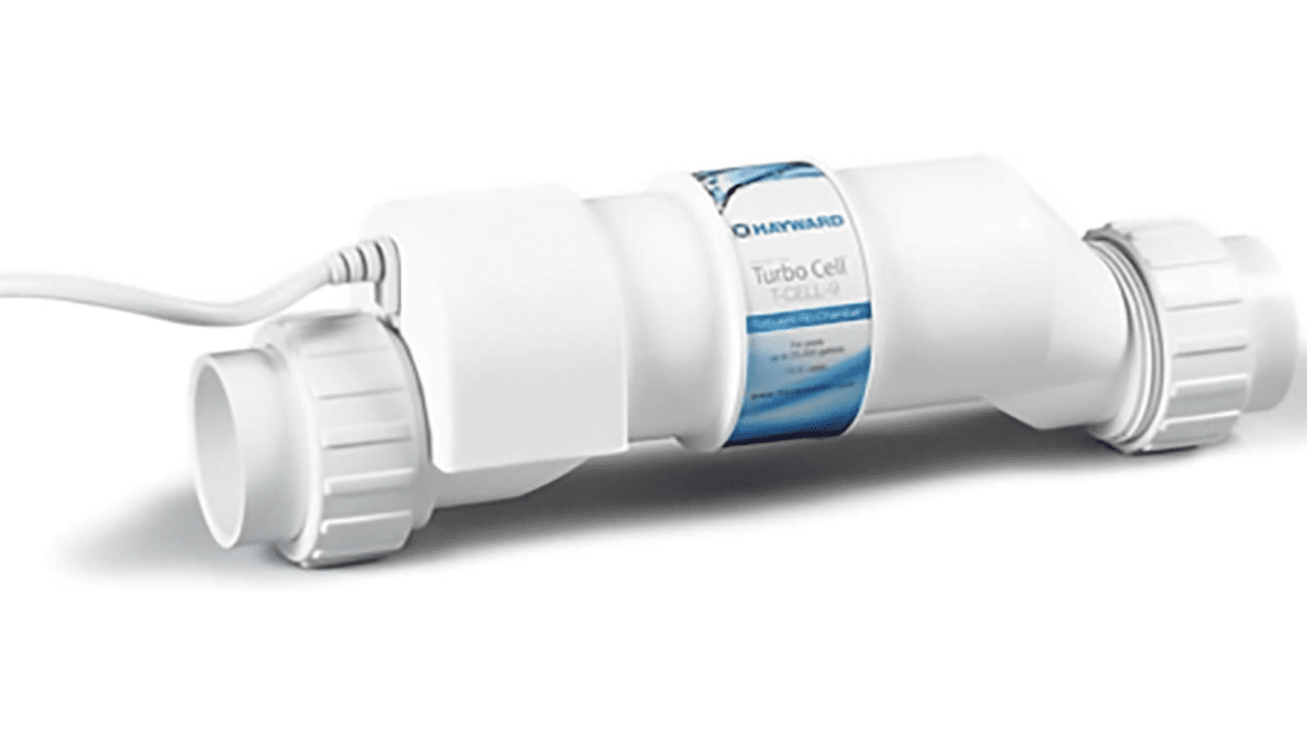 A Hayward W3T-CELL-9 TurboCell salt chlorination cell for in-ground swimming pools up to 25,000 gallons, with a white body and blue label, connected by two white cable inputs.